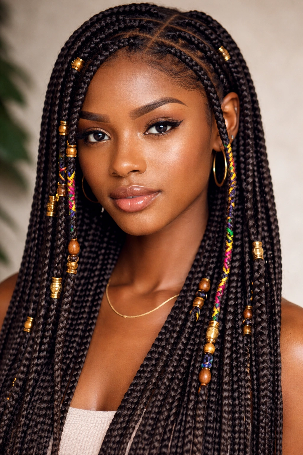 Box braids with beads and thread accessories on 4C hair.