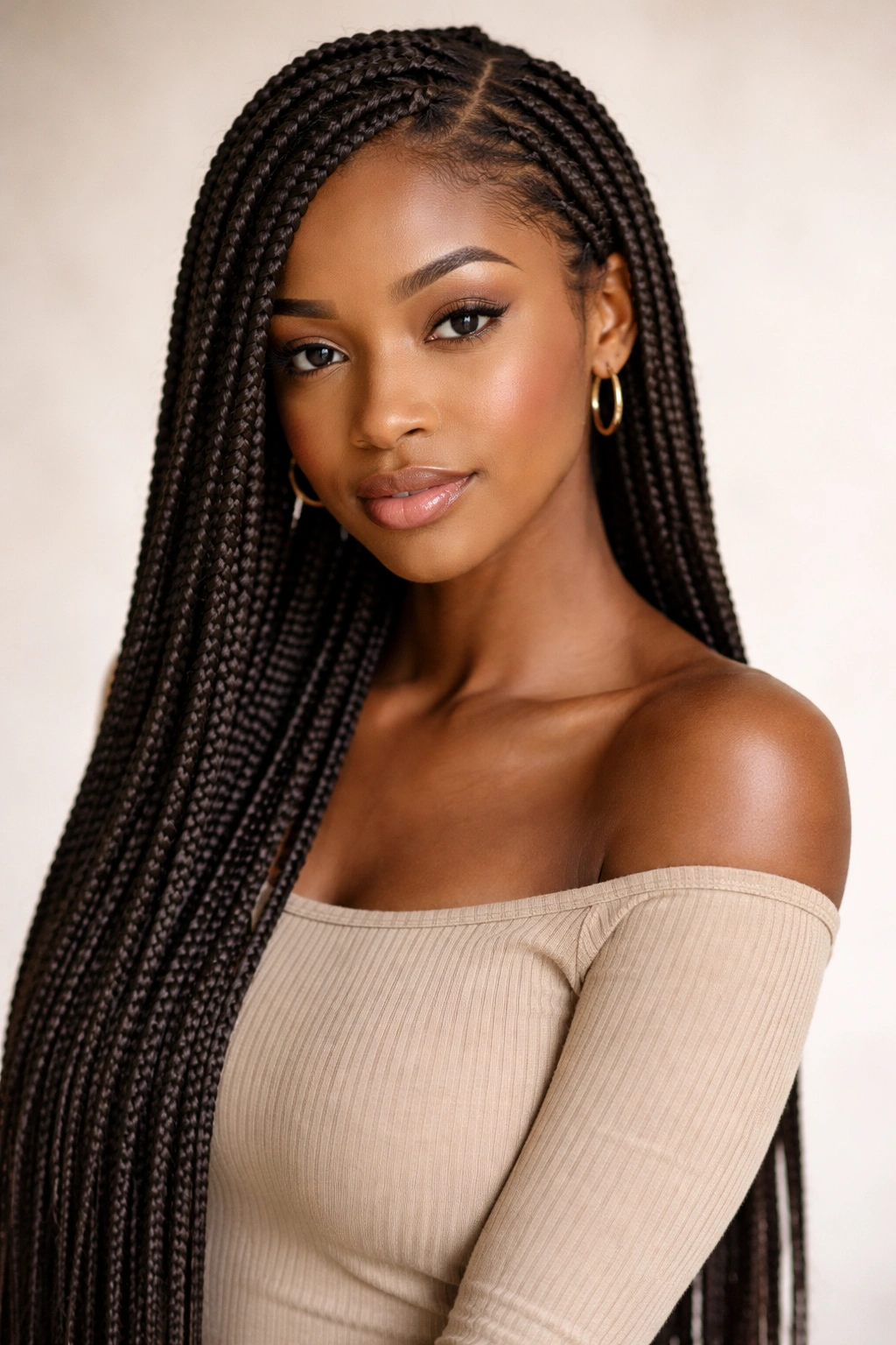 Box braids hairstyle with square-sectioned extensions