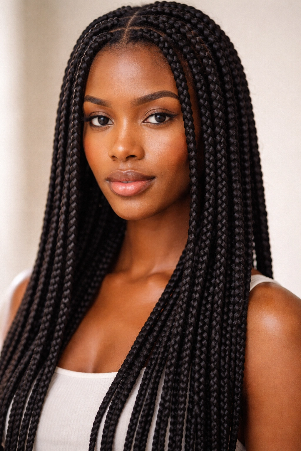 Close-up of square-section box braids on natural afro hair from scalp to tips