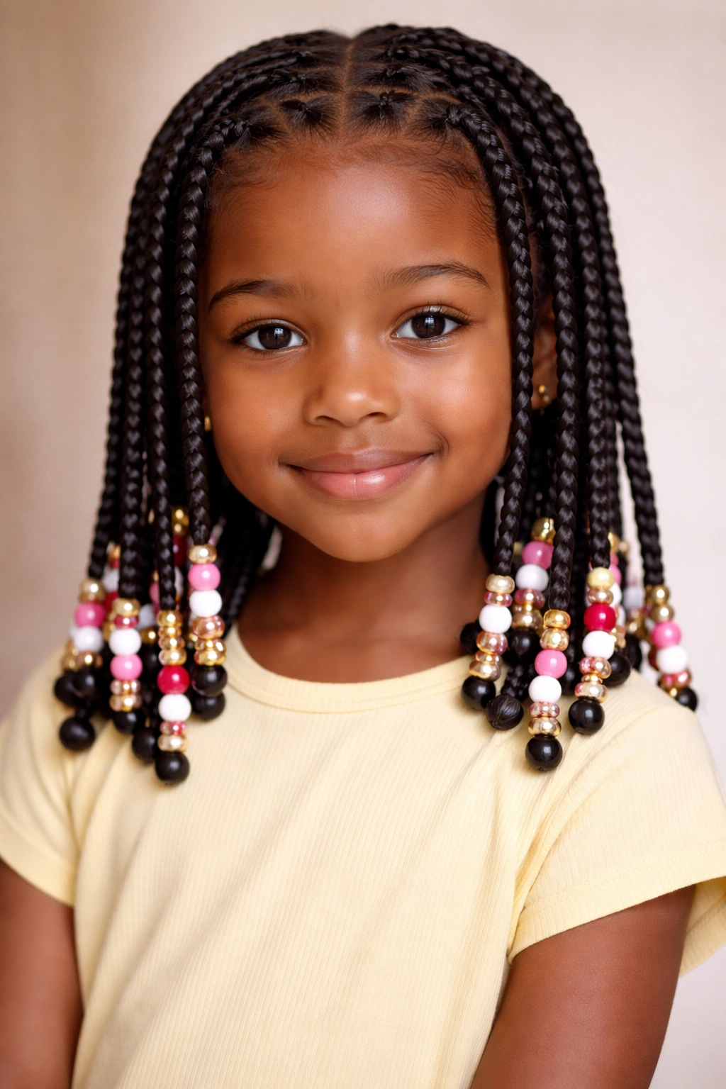 Close-up of a little girl with box braids ending in beads