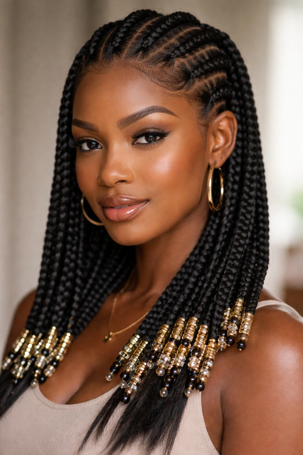 Close-up of box braids with gold beads on a woman's scalp.