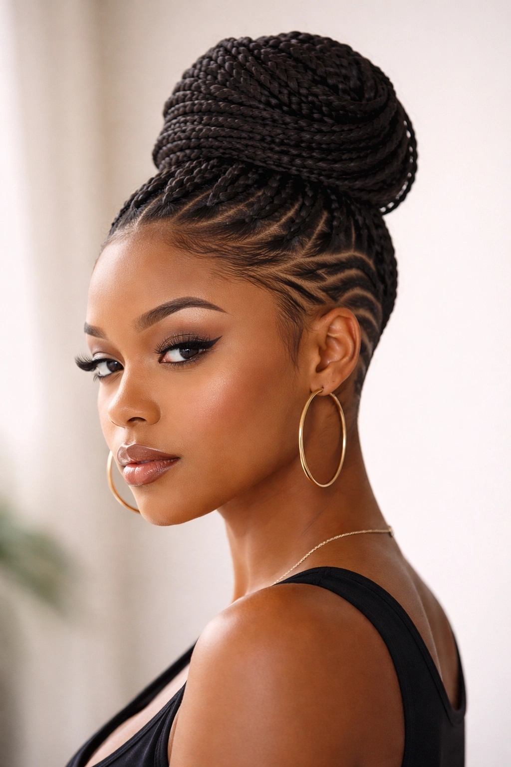 Box braid bun with shaved side detail on textured hair