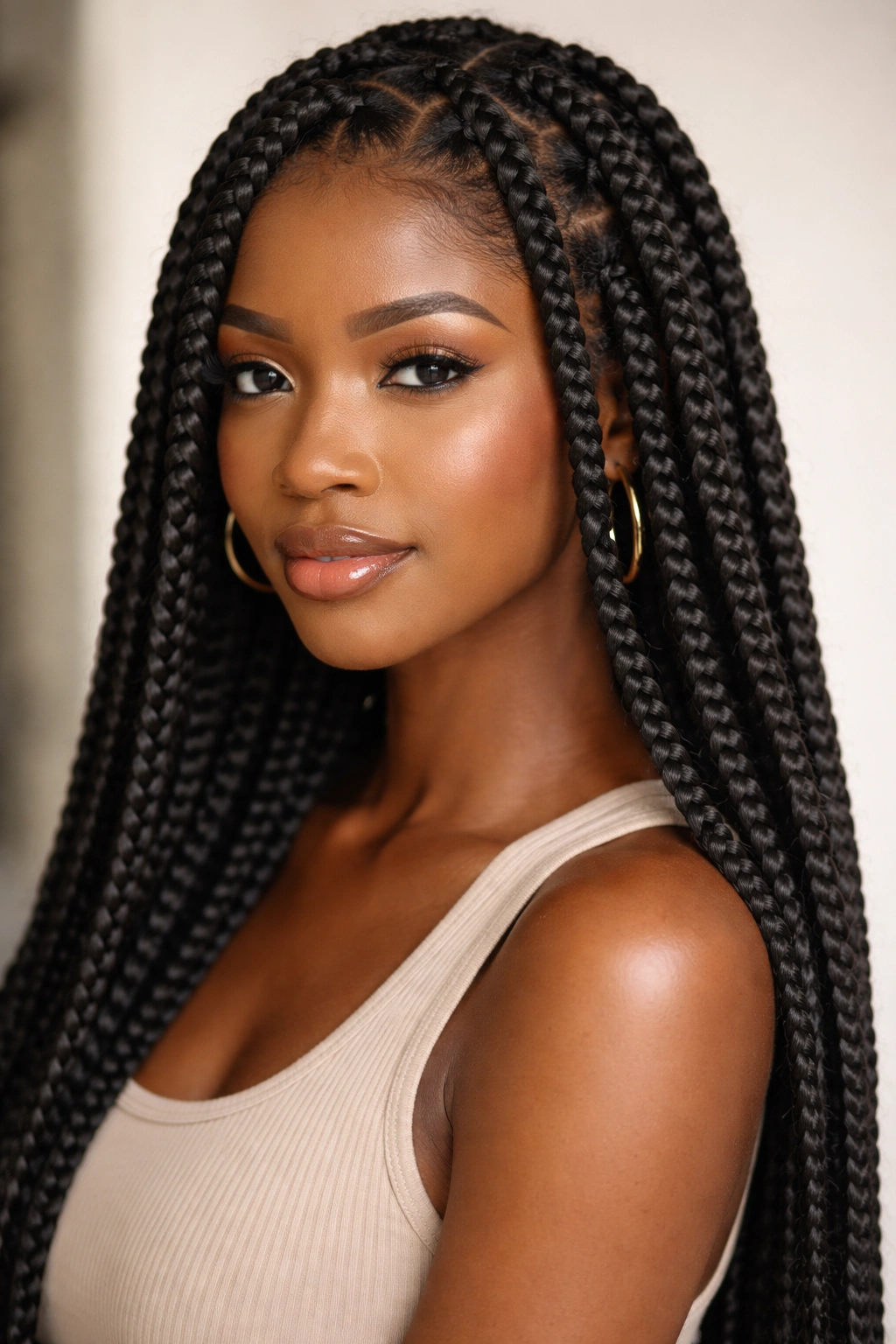 Close-up of square-section box braids on thick, coily hair