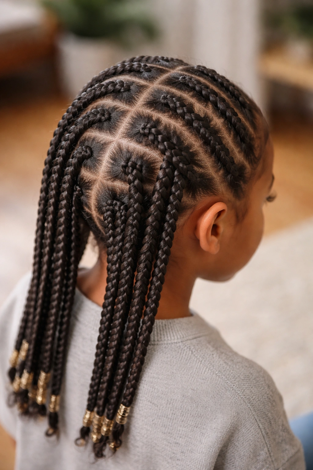 Child with neat box braids or cornrows showing braid pattern