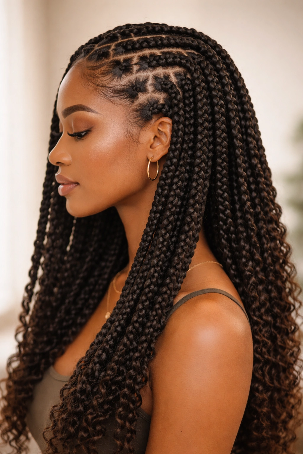 Box braids with crochet extensions close-up