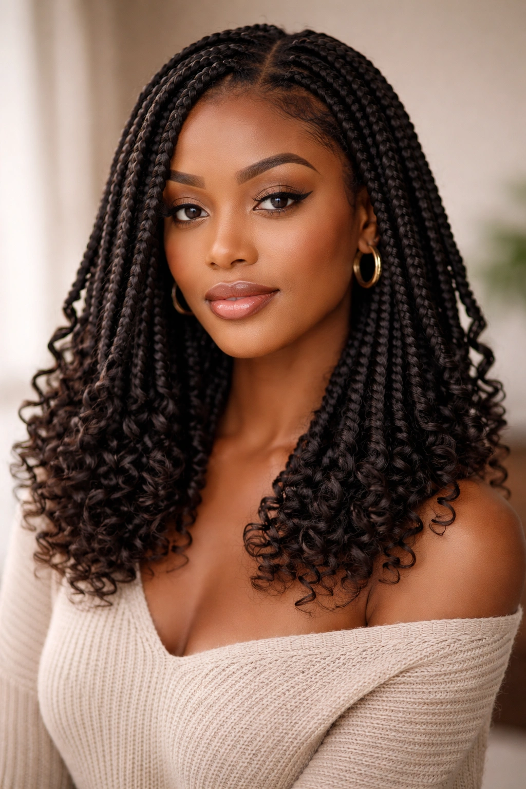 Box braids with curly ends hairstyle close-up