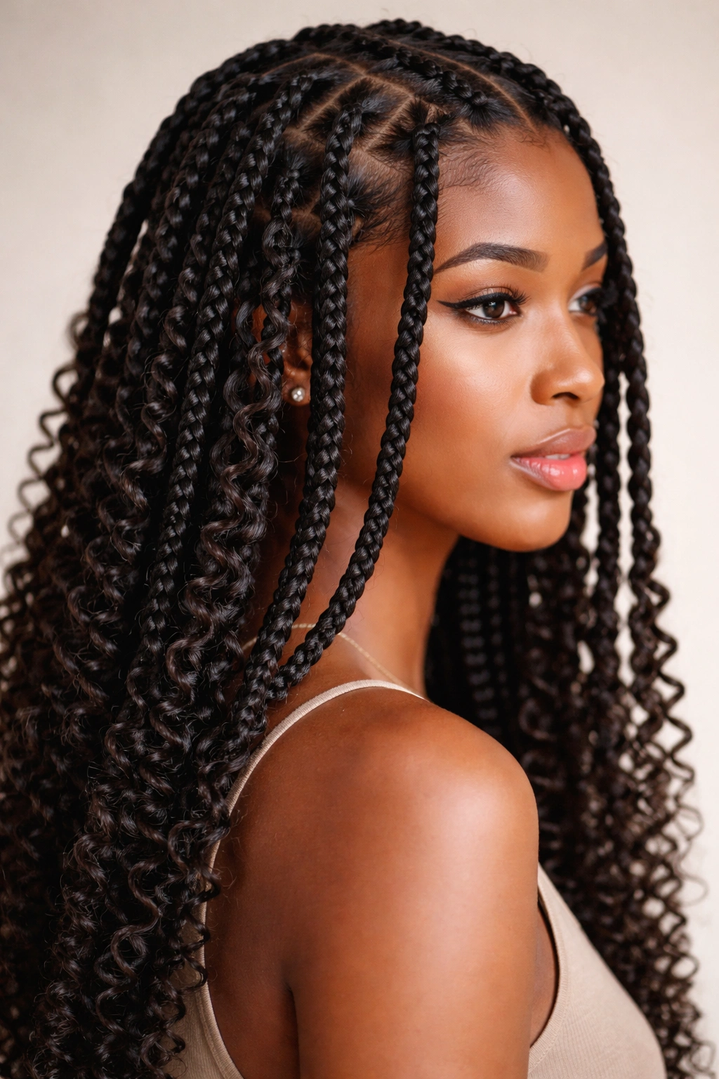 Close-up of box braids with defined curls peeking through extensions on natural Afro hair