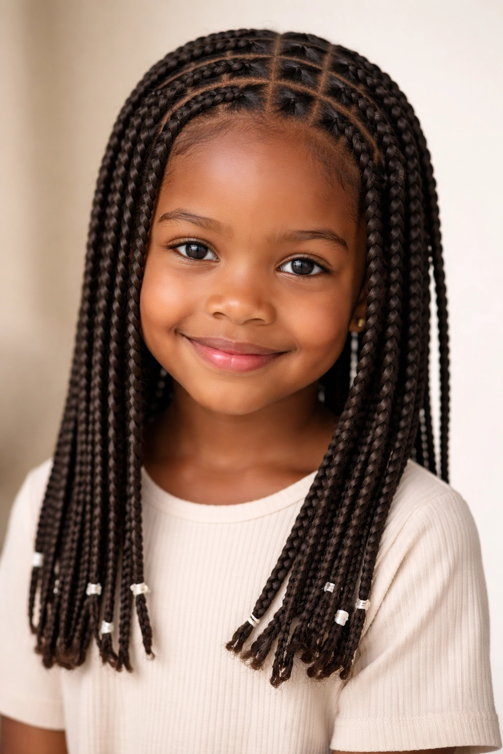 Close-up of a young girl's box braids arranged in a neat grid across the scalp.