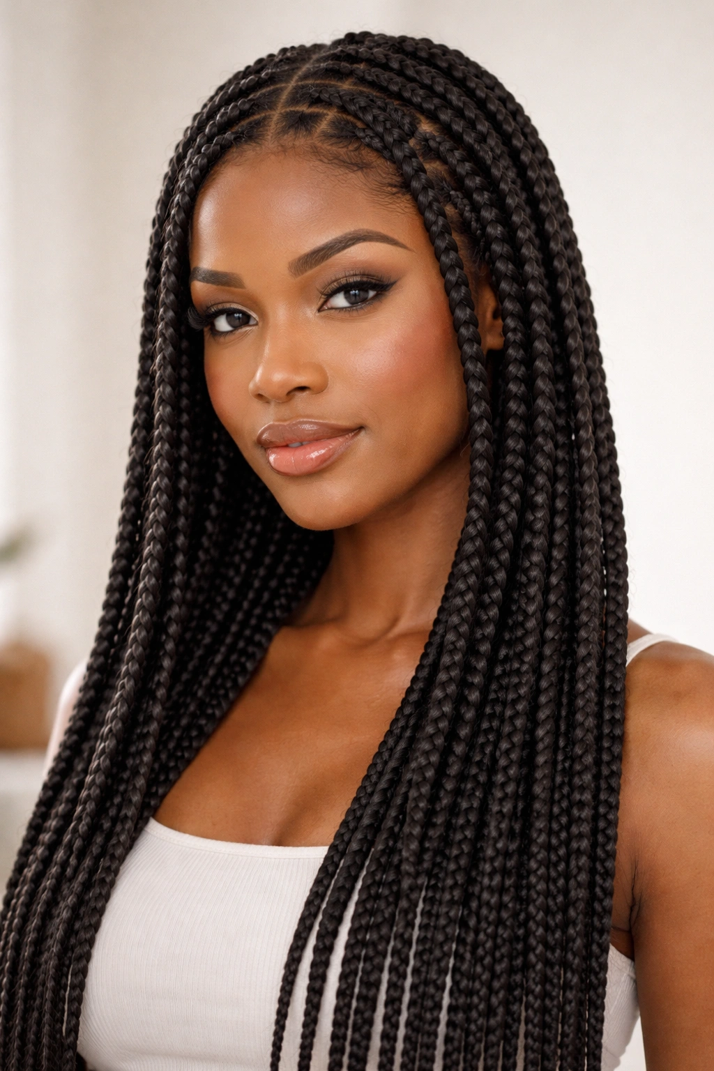 Head-and-shoulders portrait of box braids with square partitions