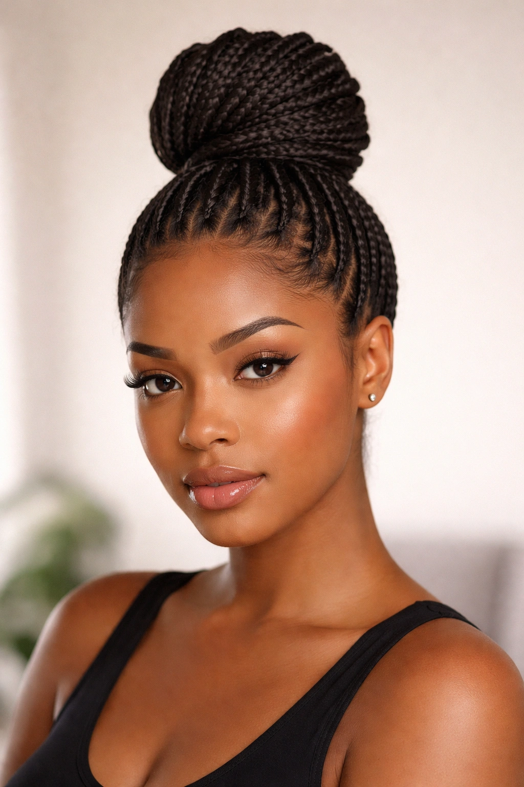 Box braids styled into a high crown bun with clean lines