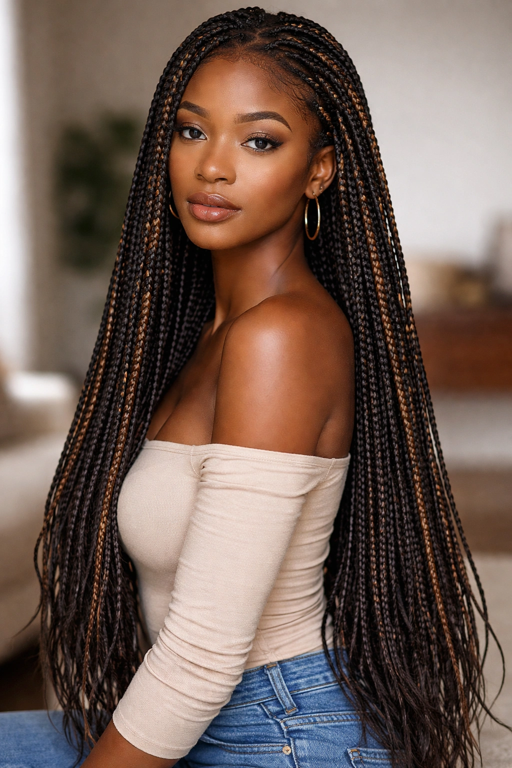 Long box braids reaching mid-back with neat sections