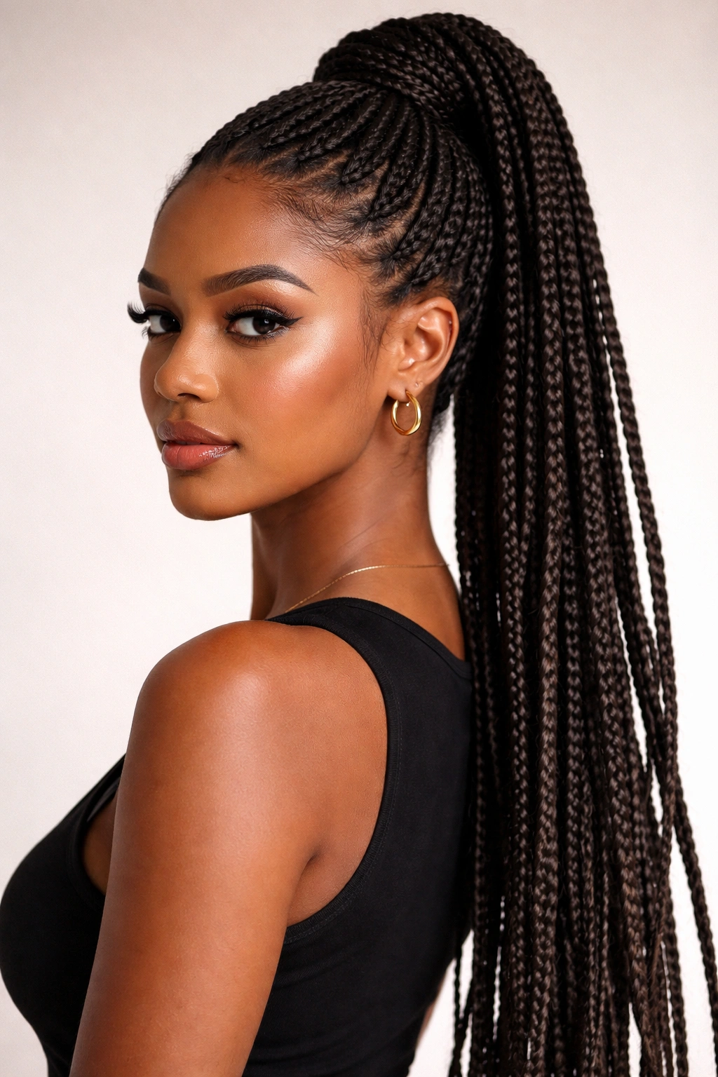 Black woman with box braids pulled into high ponytail