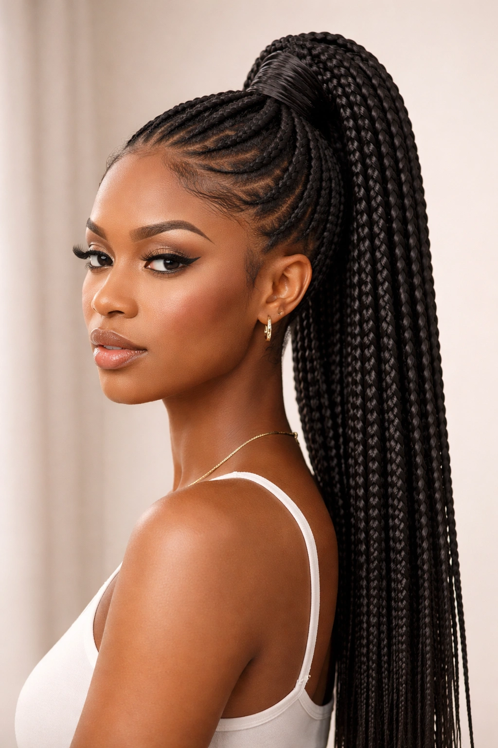 Close-up of box braids in a high ponytail with distinct, defined plaits