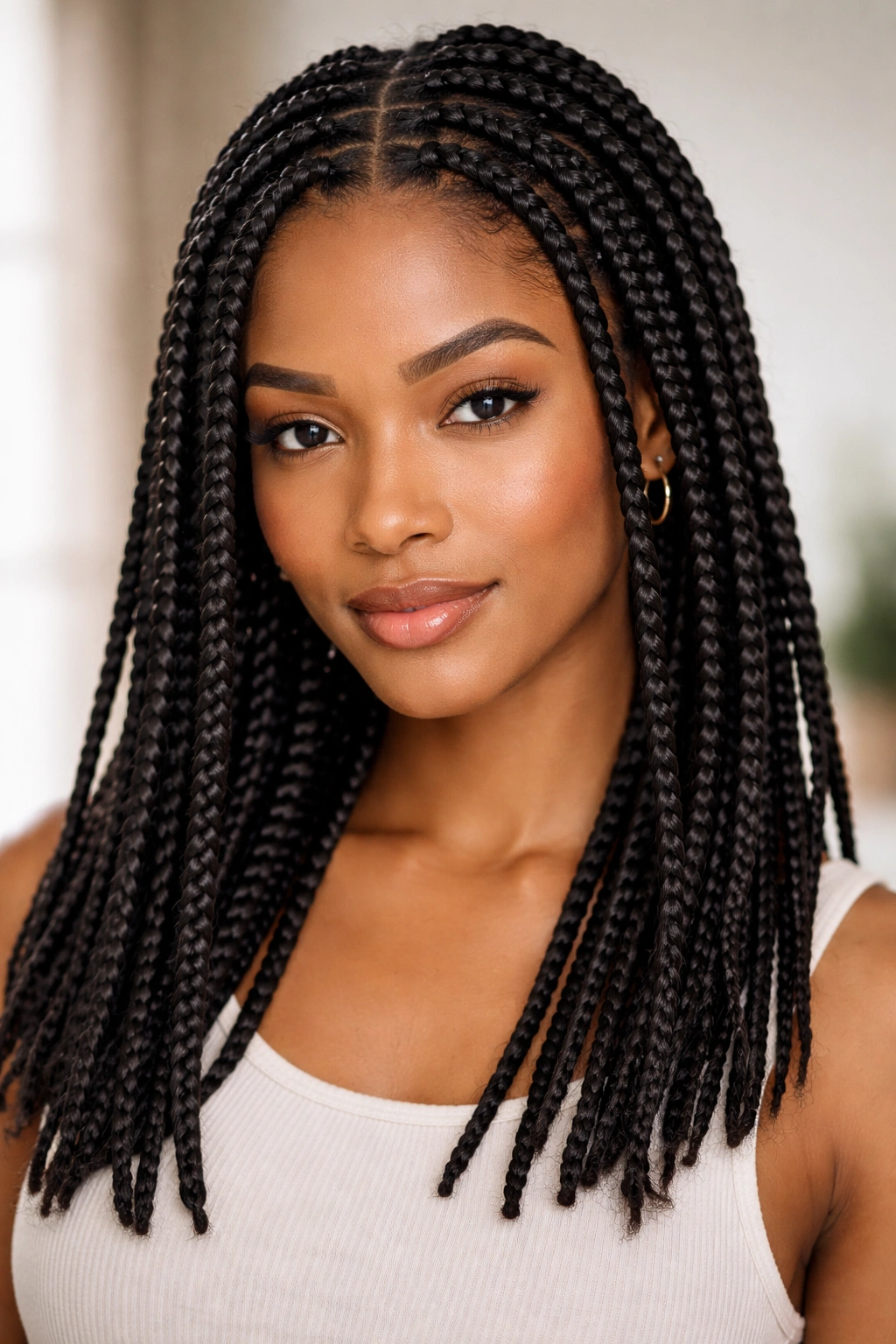 Head with box braids covering scalp in neat squares