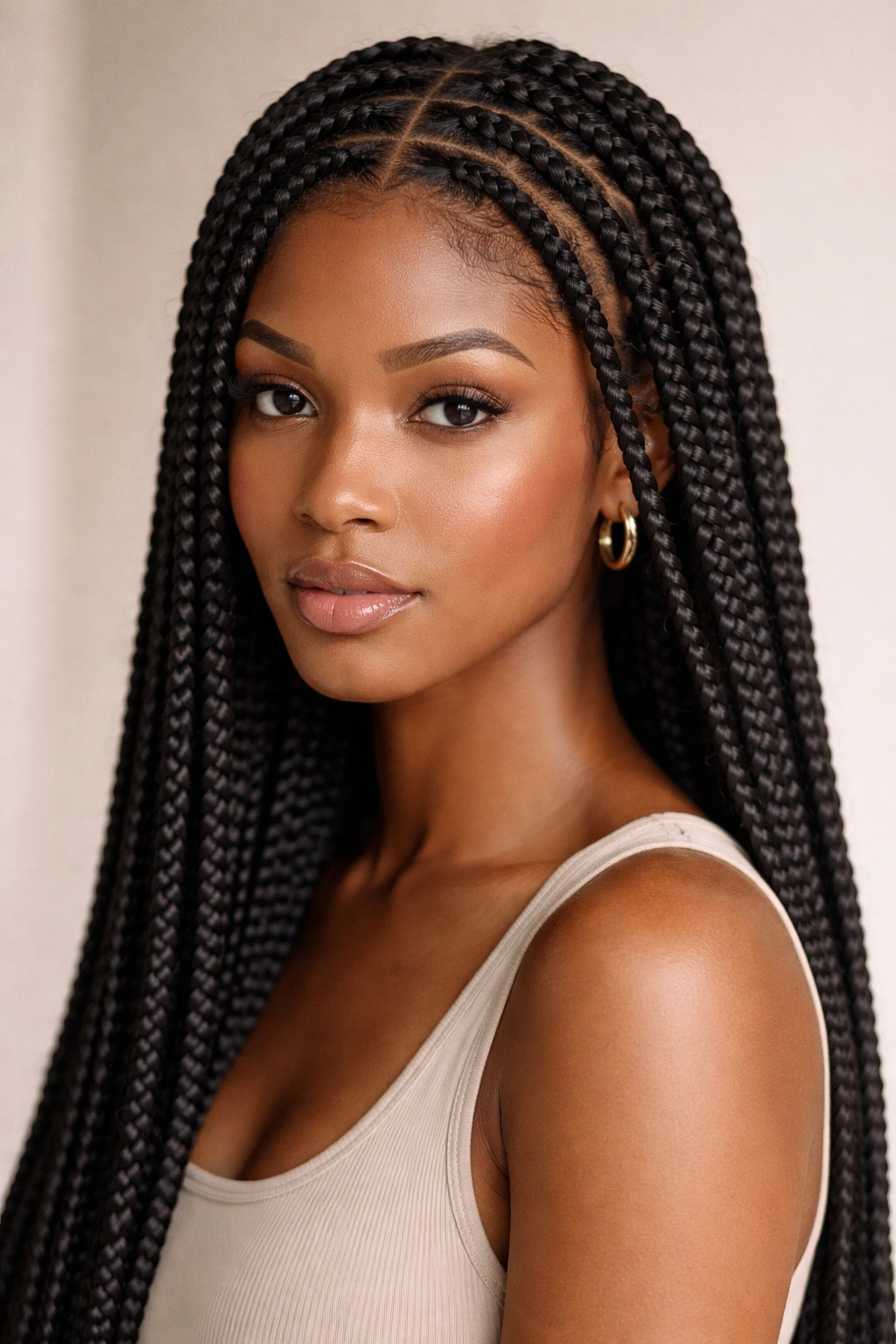 Head with neatly arranged protective box braids.