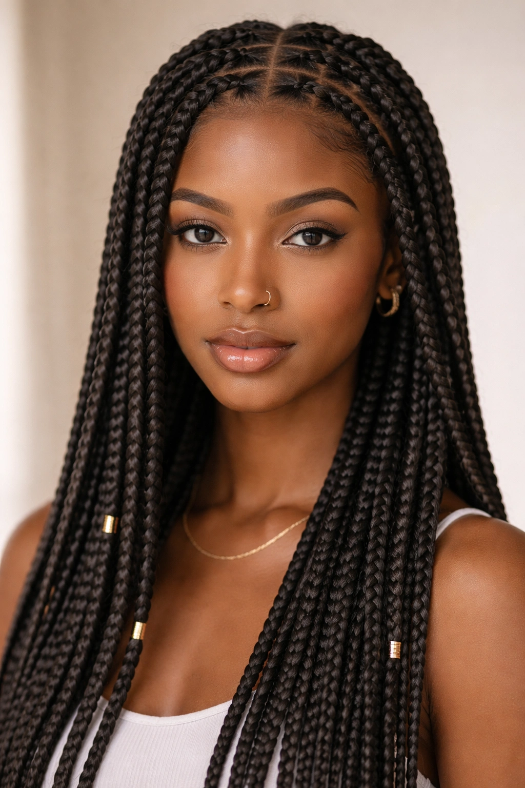 Front view of box braids hairstyle on a Black person