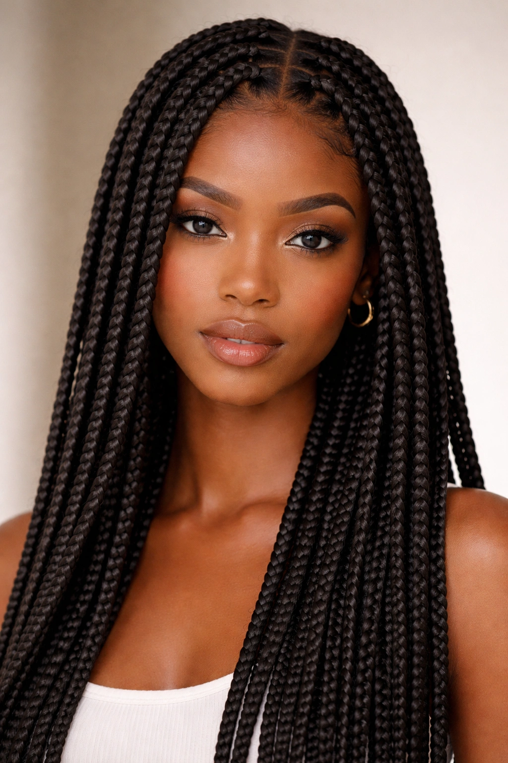 Close-up of Box Braids with square-part sections on Afro-textured hair in studio