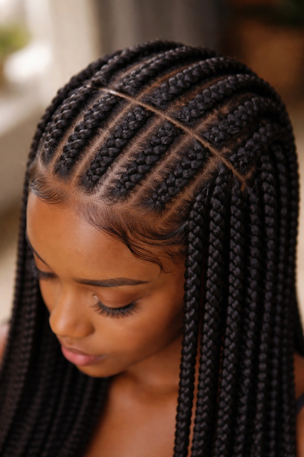 Close-up of square-section box braids with uniform thickness