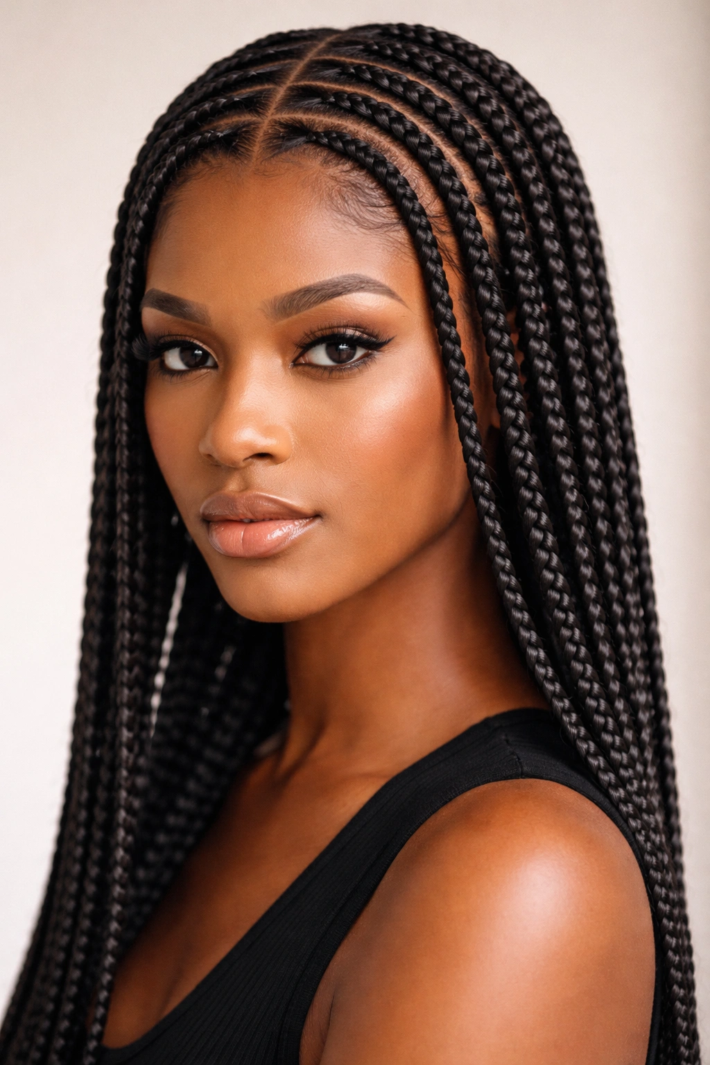 Close-up of straight-edged box braids with crisp, uniform sections