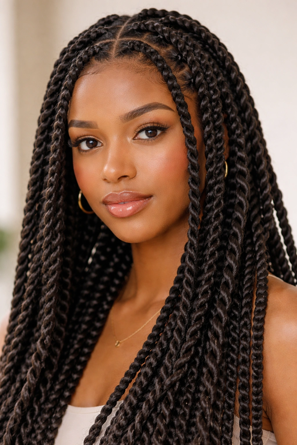 Close-up of box braids with twist details on a protective hairstyle