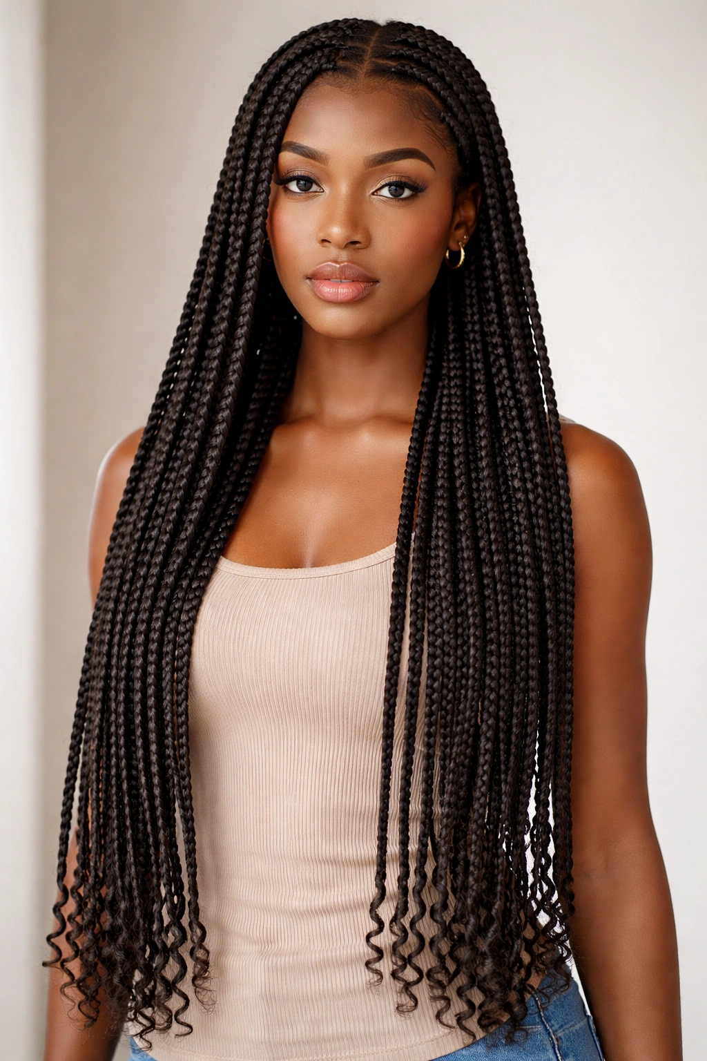 Close-up of waist-length box braids with uniform square sections