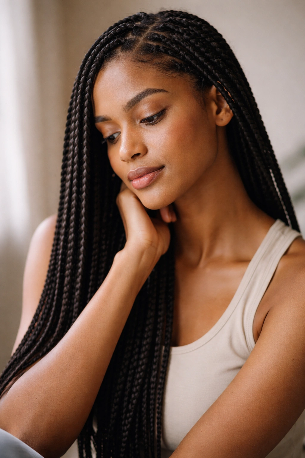 Close-up portrait of a person with box braids in a calm indoor setting