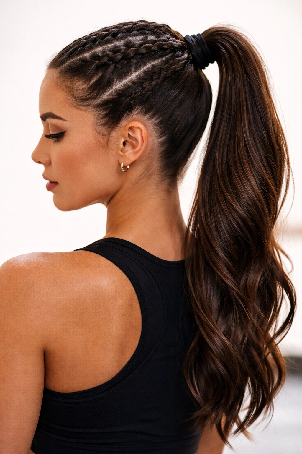 Close-up of two tight boxer braids forming a high ponytail