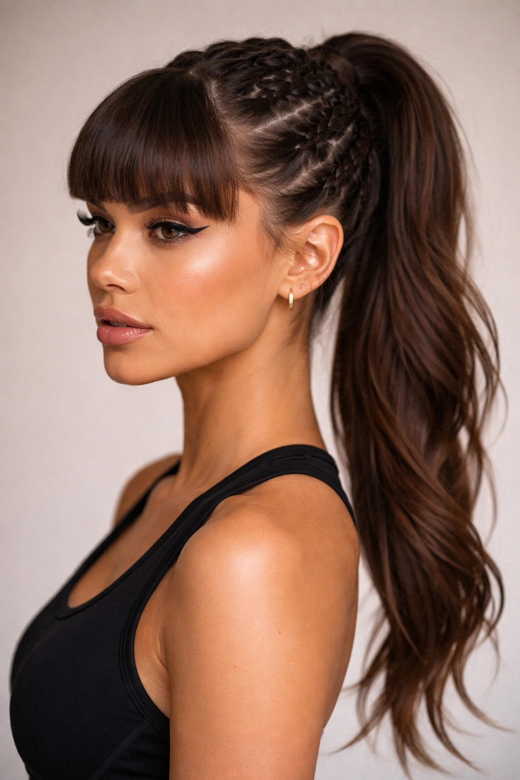 Boxer braid ponytail with blunt bangs hairstyle