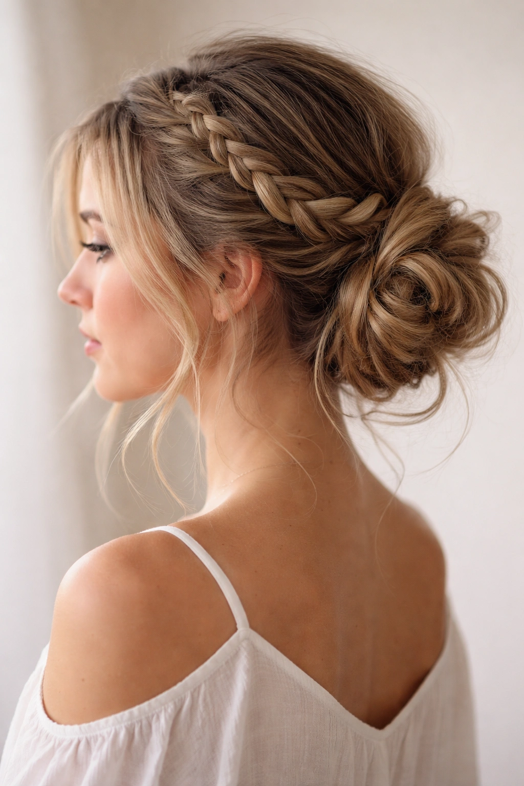 Side messy bun with a loose braid for texture