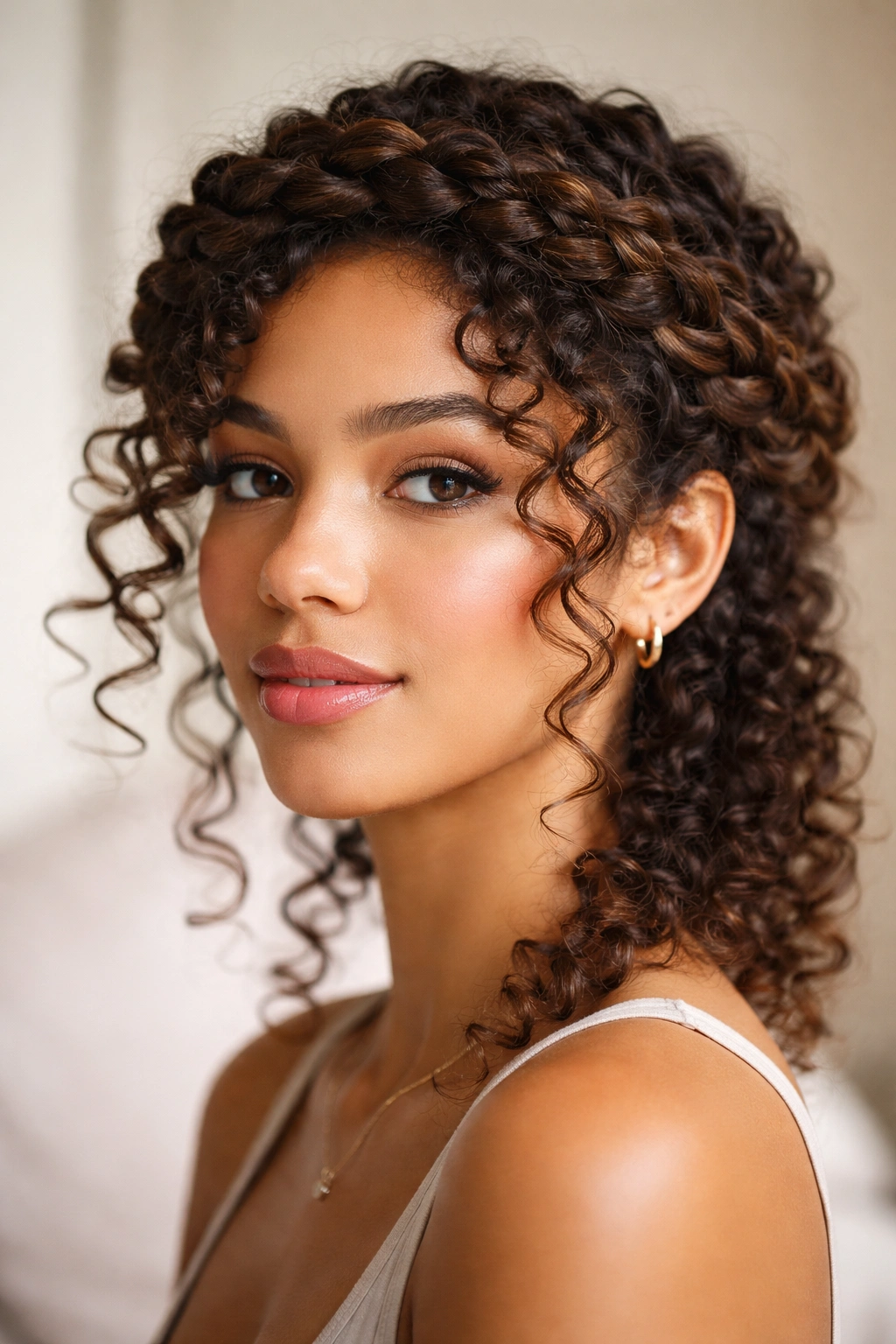 Halo braids forming a crown around a curly hairstyle