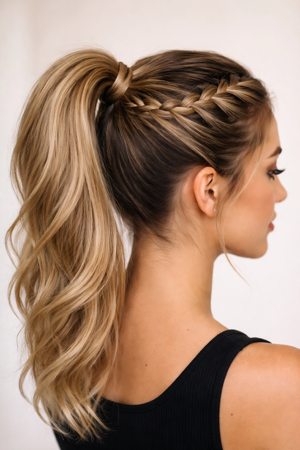Close-up of The Braided Crown High Ponytail with crown braid and high ponytail