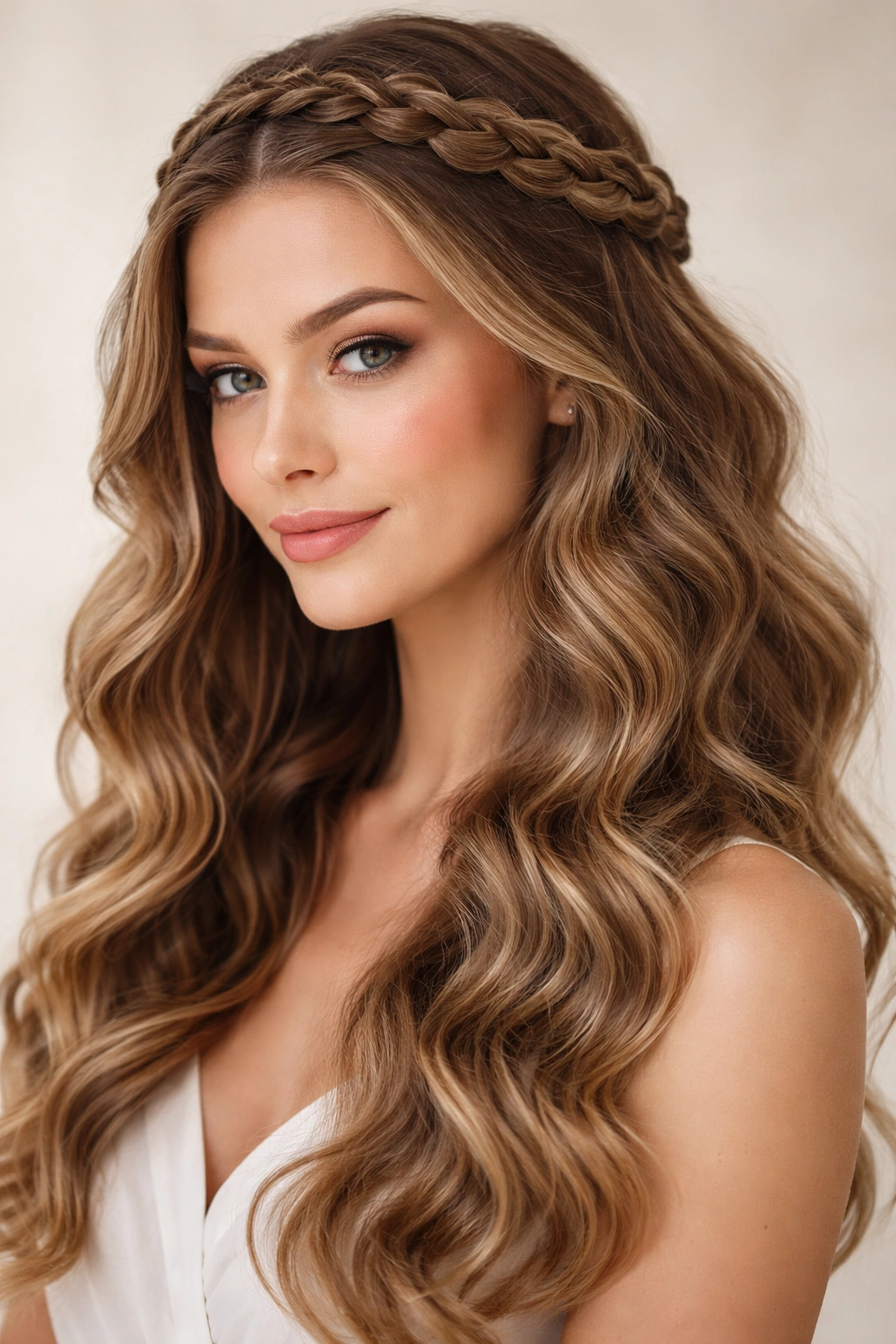 Close-up of a model's hair with structured waves and a Dutch braid crown.