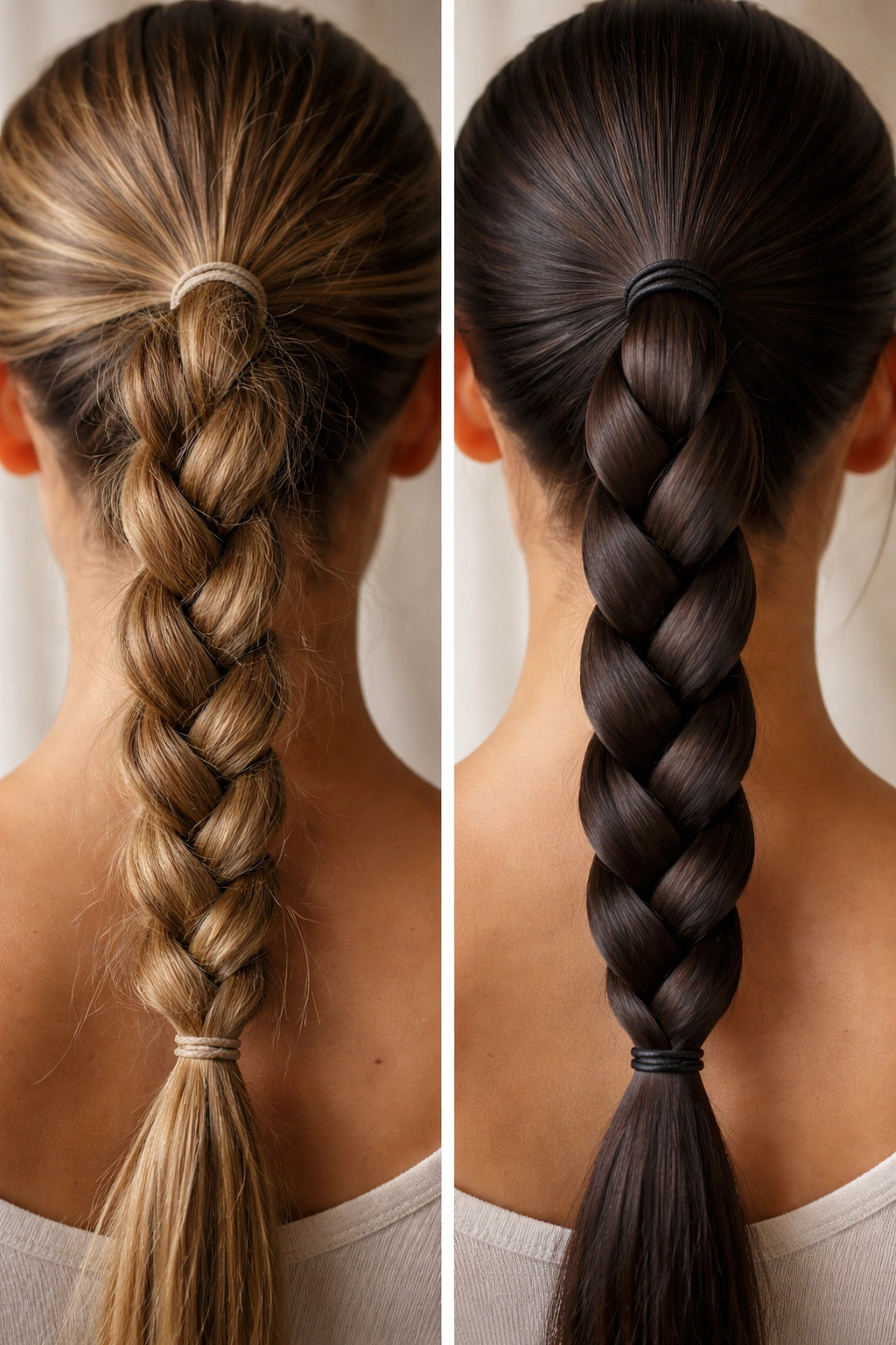 Close-up comparison of a sloppy braided ponytail and a sleek, tightly braided ponytail.