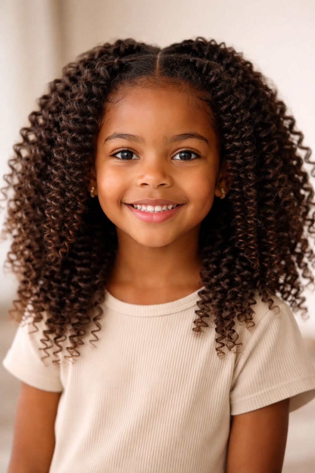 Child with braid-out curls and defined waves, studio portrait