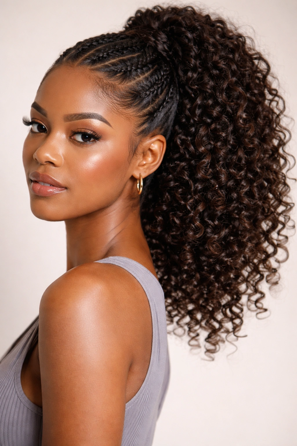 Defined braid-out curls gathered into a ponytail