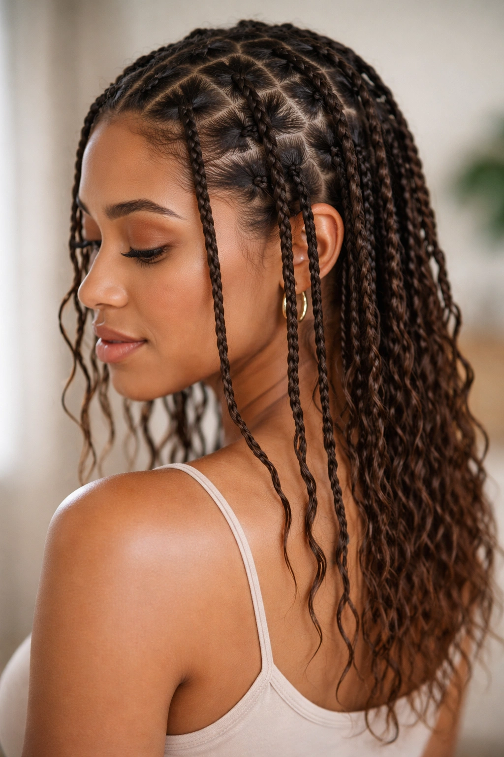 Head with braids in place forming textured waves