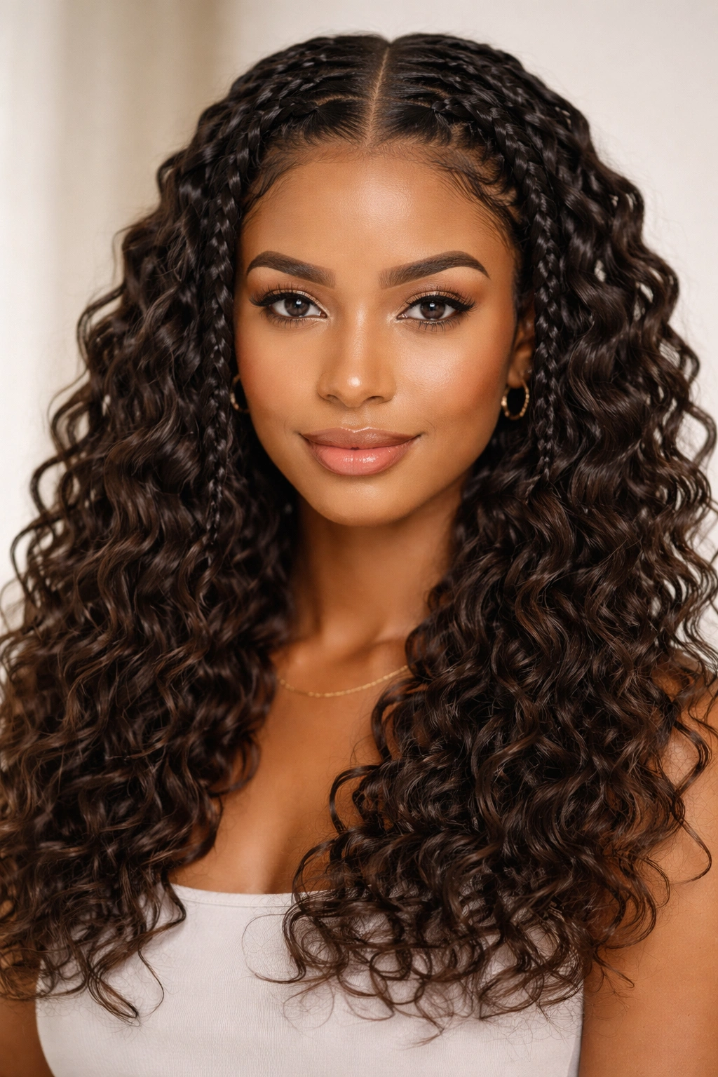 Head-and-shoulders portrait showing a braid-out with elongated waves on 3b curls