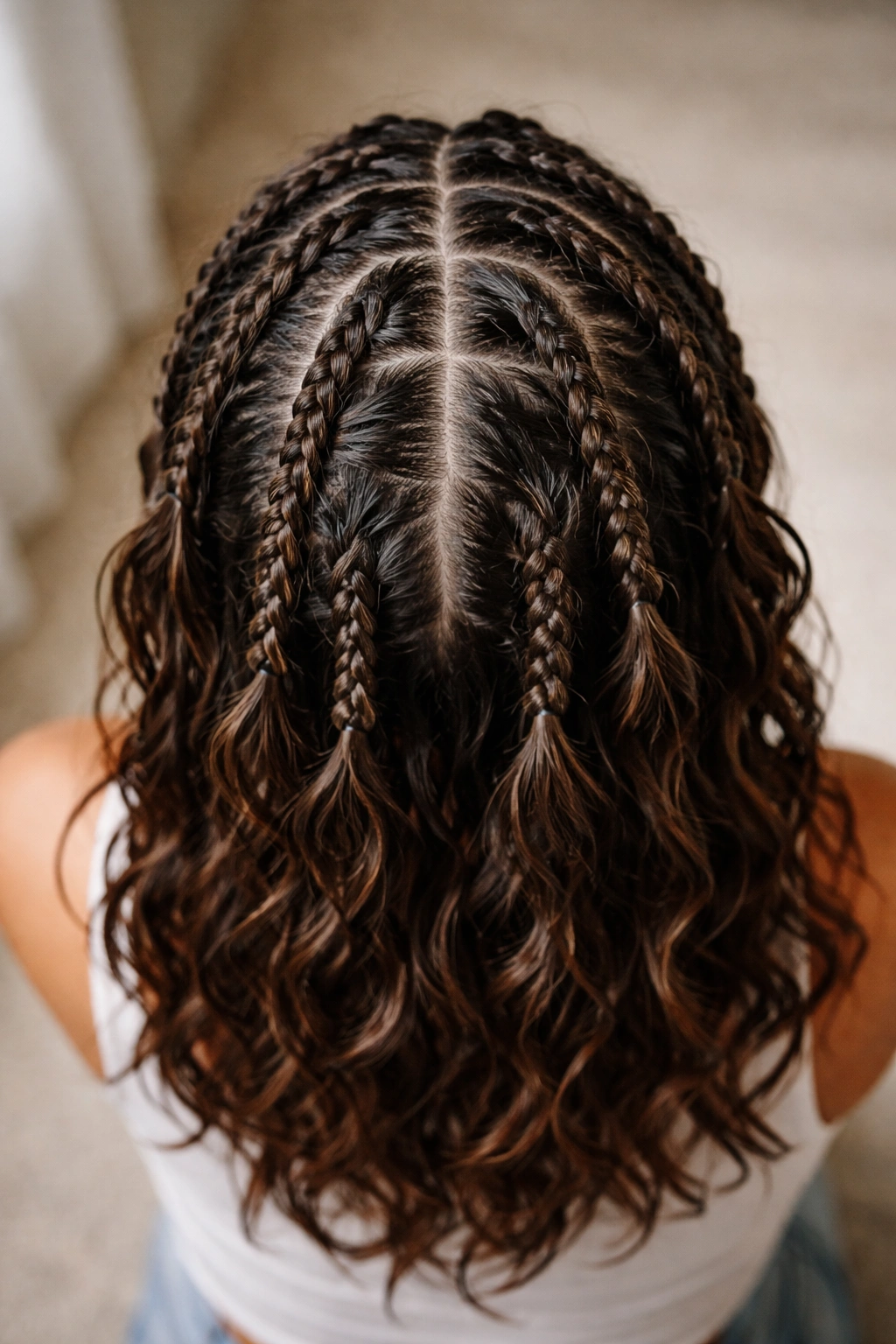Top-down view of damp hair in defined braid-out waves