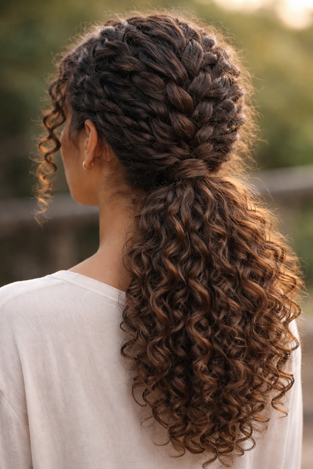Close-up of braided low ponytail with center braid through curly hair