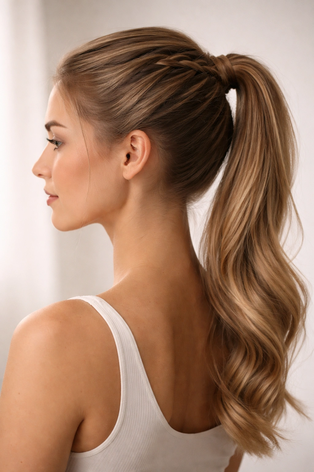 Profile portrait of a person with a French braid ponytail
