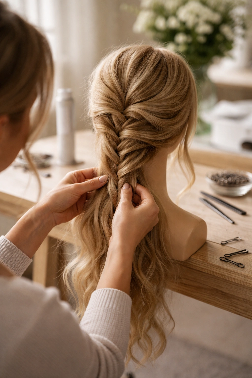Hands braiding a bohemian ponytail on a mannequin head during practice