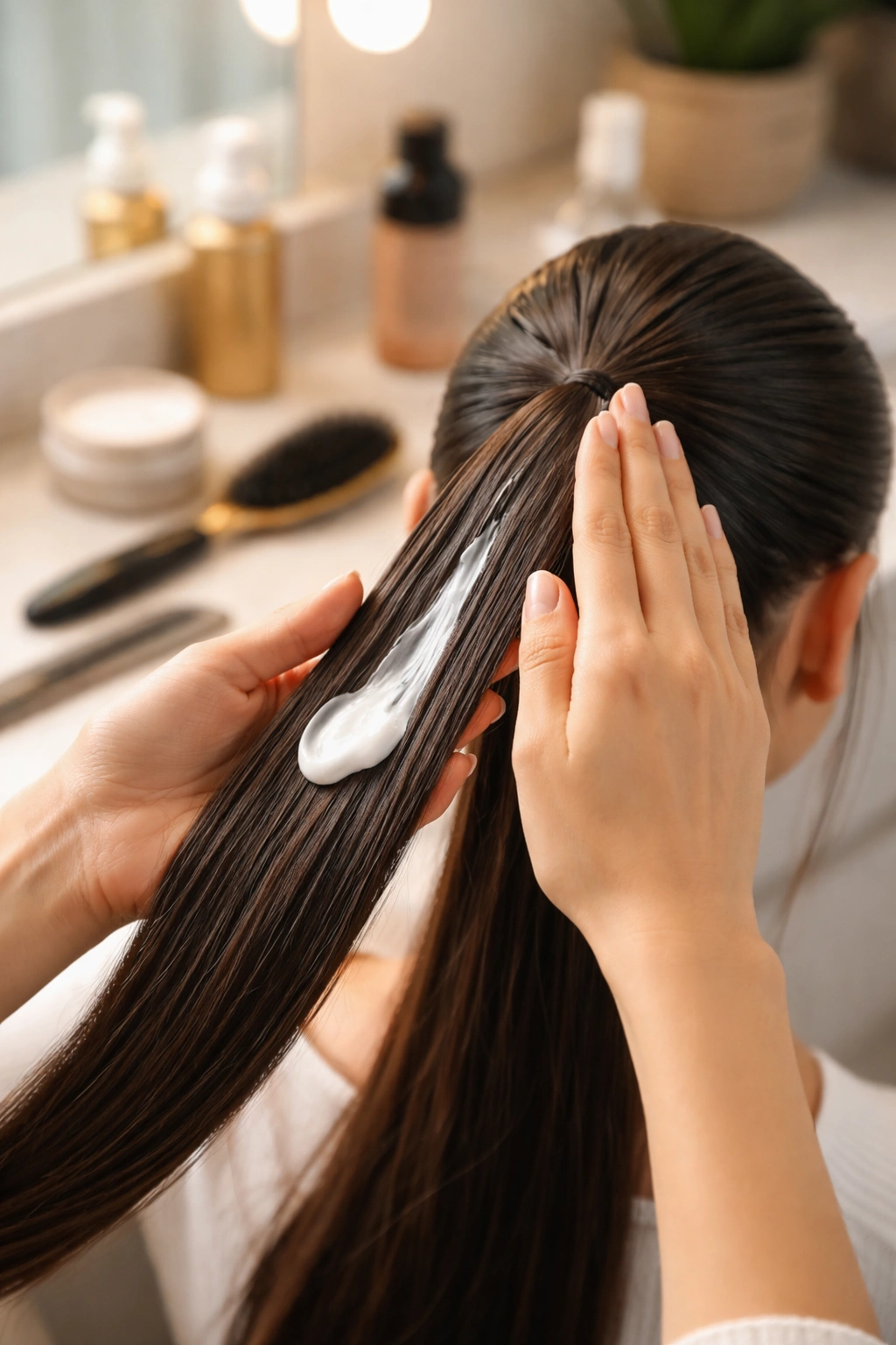 Hands applying smoothing product to hair for sleek braids.