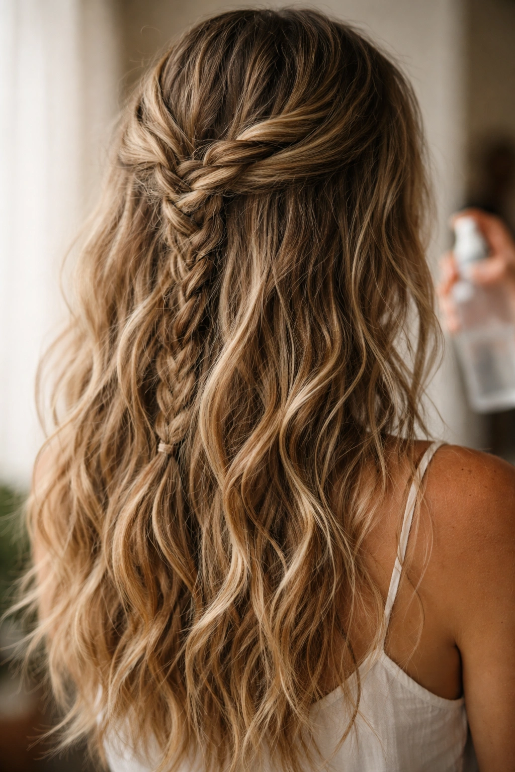 Close-up of loose beachy waves with a subtle braid underlayer