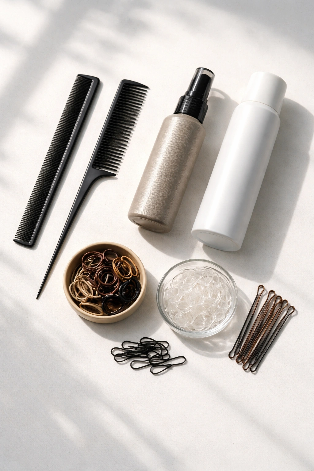 Top-down flat lay of unlabeled hair tools for French braiding