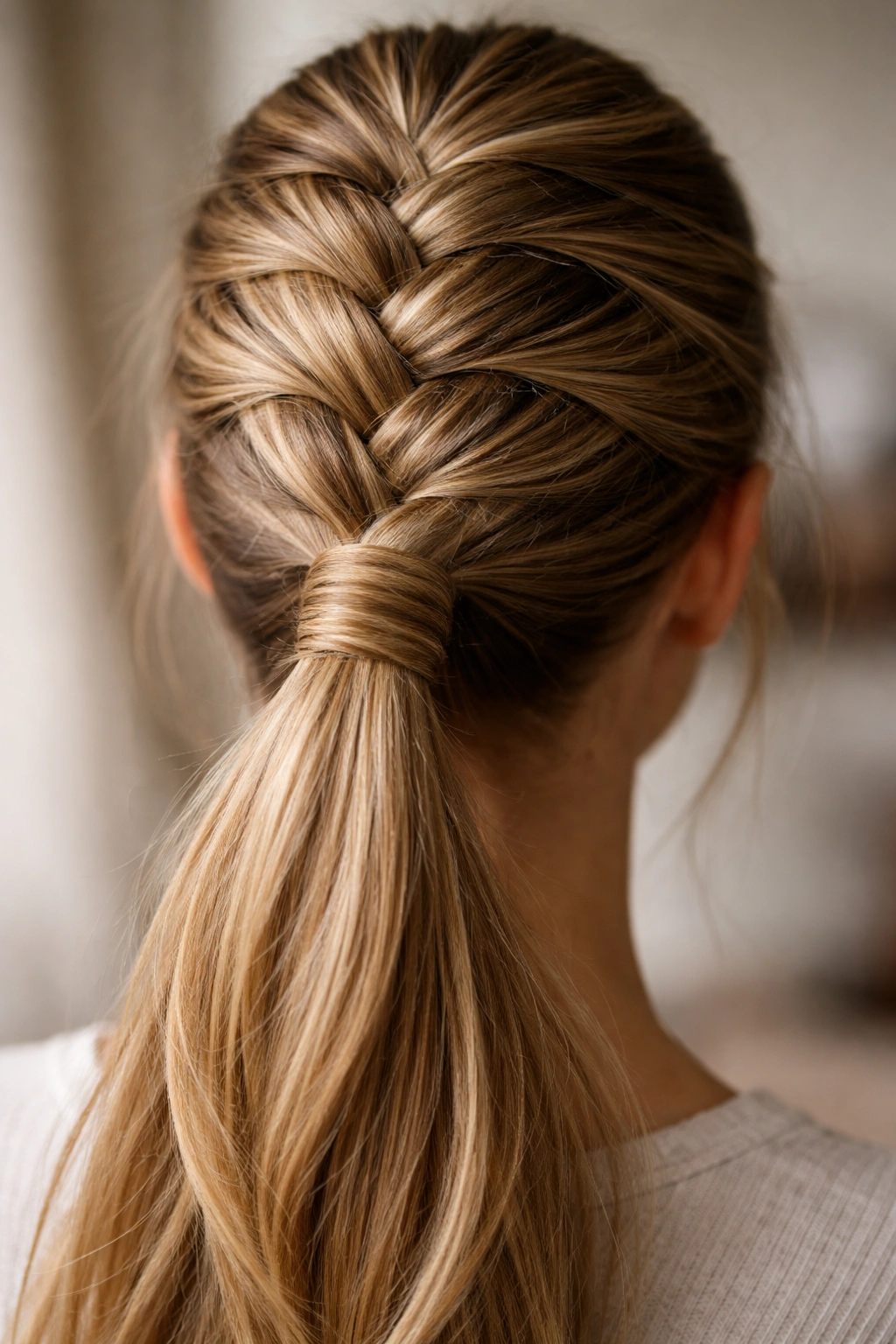 Close-up of a French braid ponytail with wrapped base