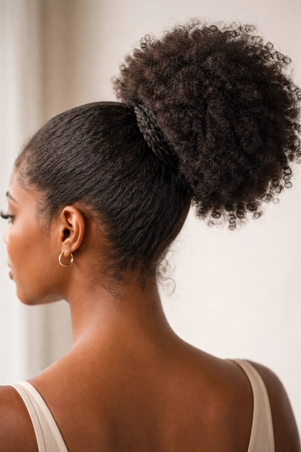Close-up of a Black woman's ponytail with a braid-wrapped base hiding the elastic