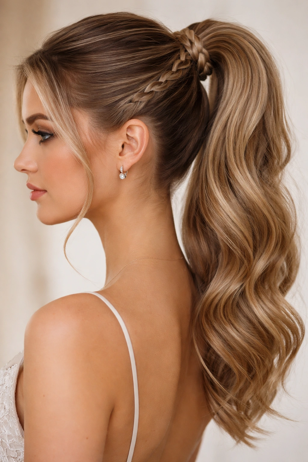 Side view of a ponytail with a braided wrap around the elastic