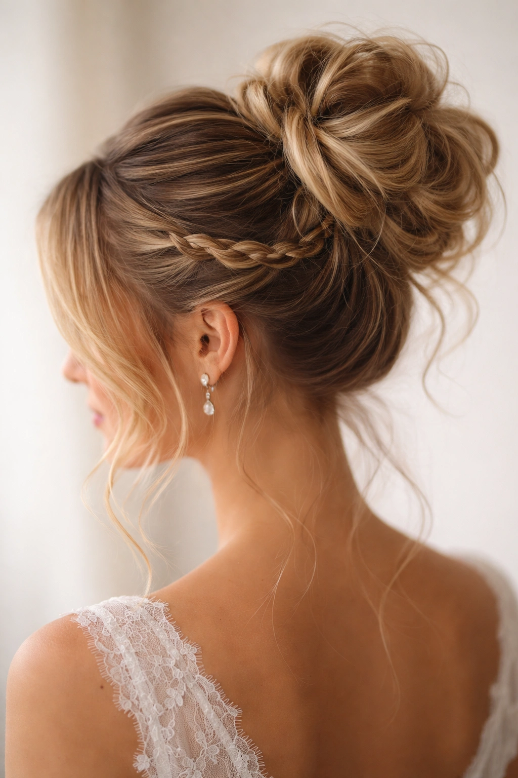 High ponytail with braided accent wrapped around the base of a loose bun
