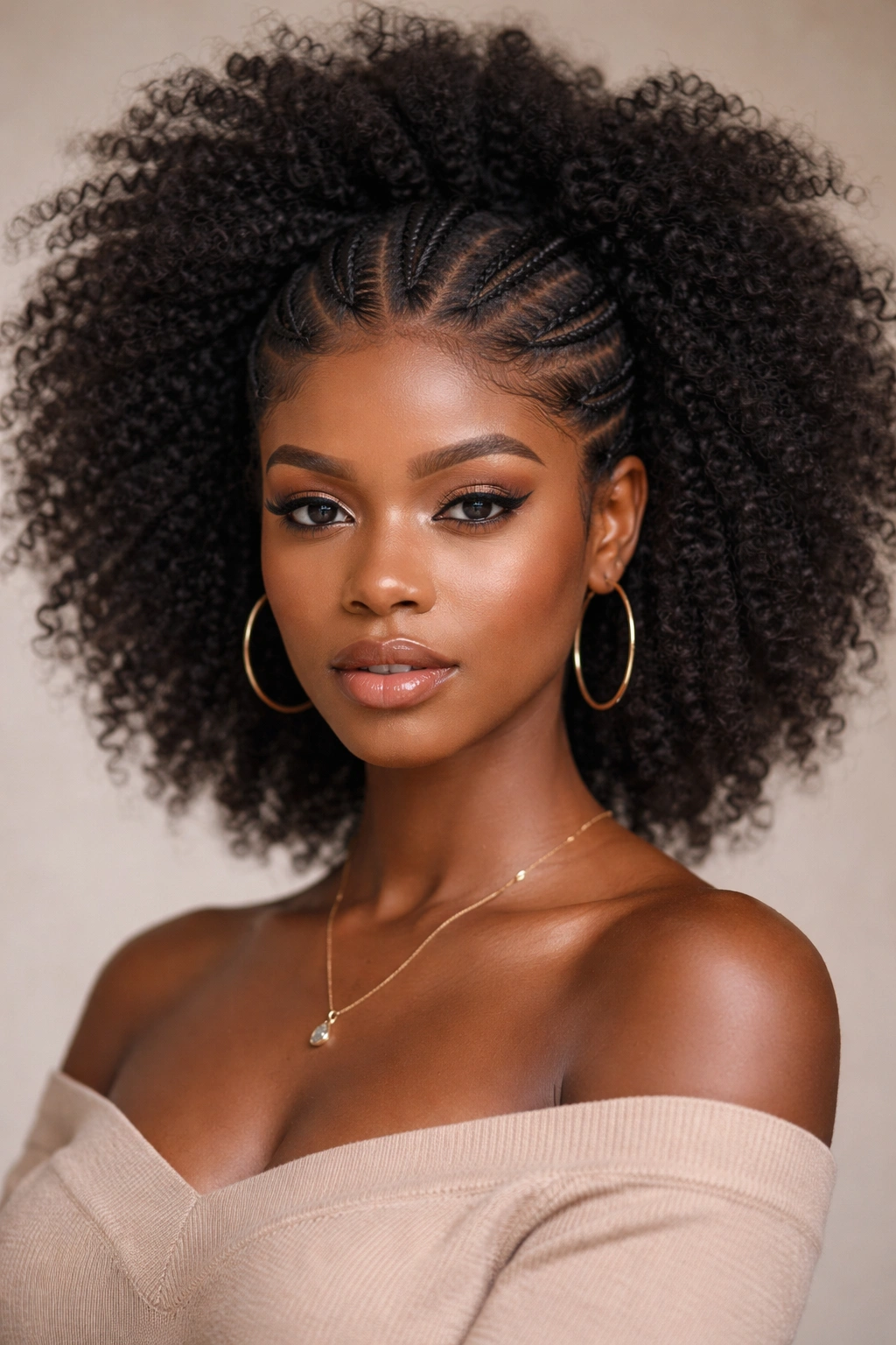 Frontal view of braided afro with voluminous silhouette