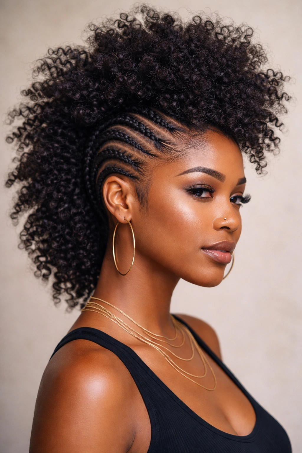 Profile view of braided afro hawk with natural crown